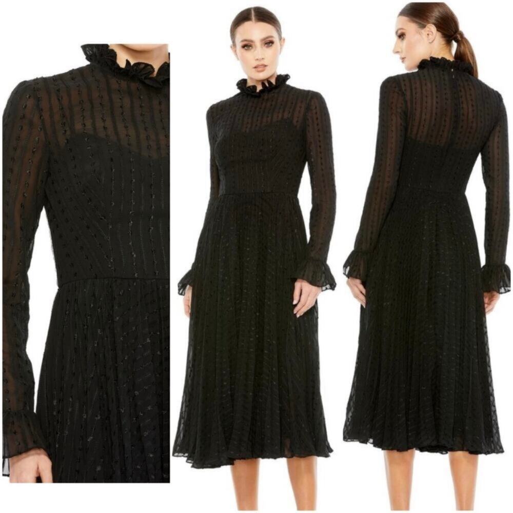 Mac Duggal 49627 Long Sleeve Embroidered Midi Dress Black Size 0 UB